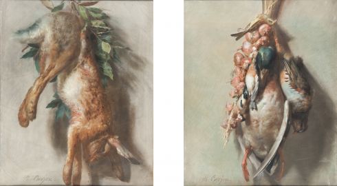 Antoine Berjon - Trophée de chasse au lièvre et laurier ;Trophée de chasse au colvert, perdrix, chardonneret, bouvreuil, moineau et oignons