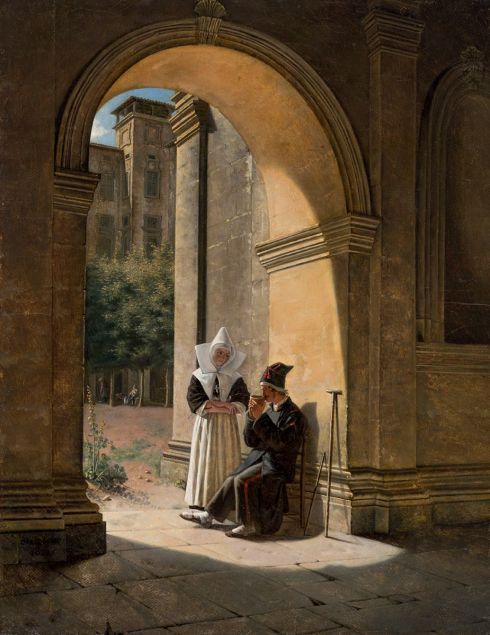 Claudius Jacquand - Un soldat soigné par une religieuse dans un cloître (vue du cloître du palais Saint-Pierre), 1822
